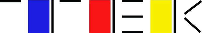 Logo von TEK: Grafik aus stilisierten schwarten Strichbuchstaben und drei Rechtecken in den Farben Blau, Rot und Gelb